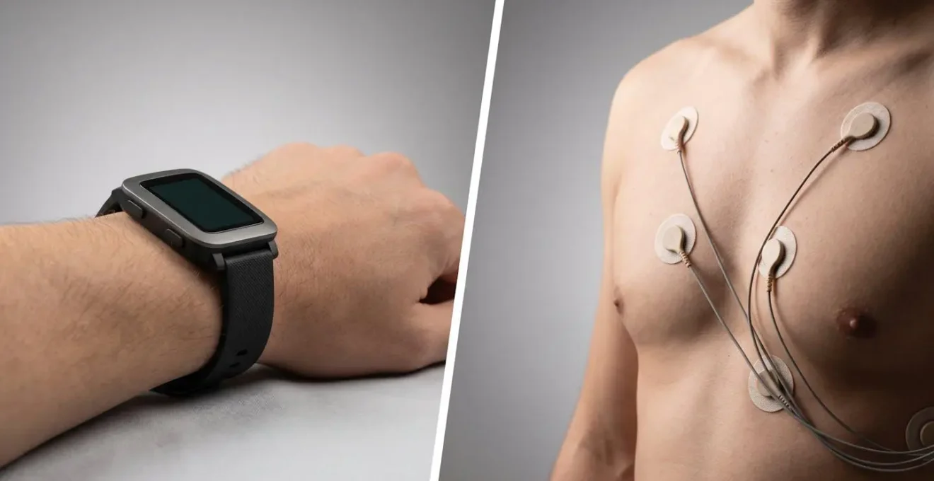 Split composition showing a modern smartwatch on a person's wrist on the left and medical Holter monitor electrodes on a chest on the right.