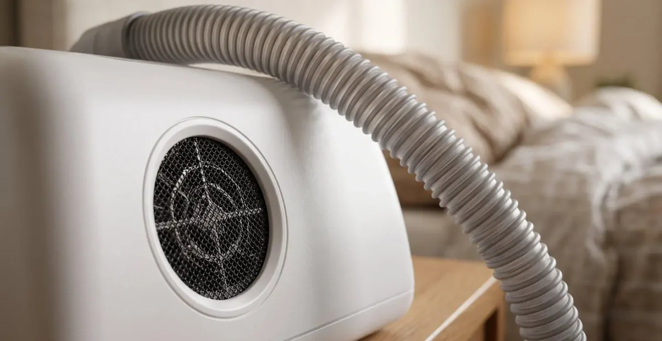 Modern CPAP device on nightstand in minimalist Montreal bedroom
