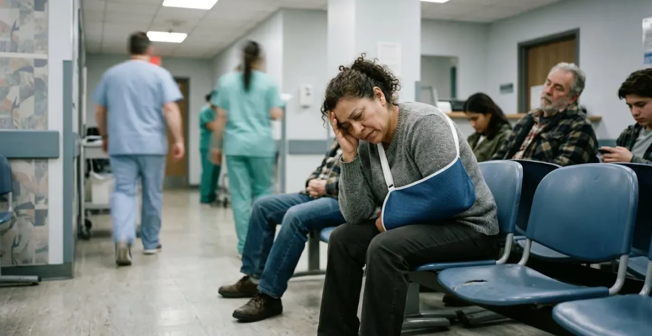 Overwhelmed emergency room waiting area showing tired patients in chairs with medical staff rushing past