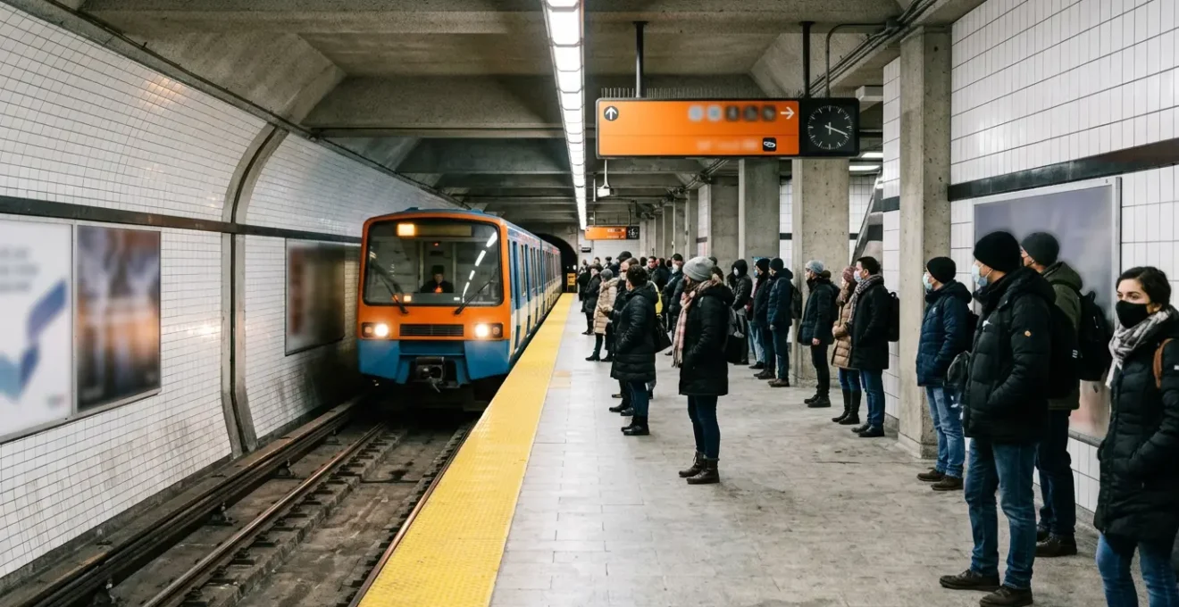 Montreal commuters in winter metro wearing protective masks