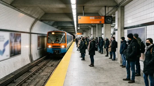 Montreal commuters in winter metro wearing protective masks