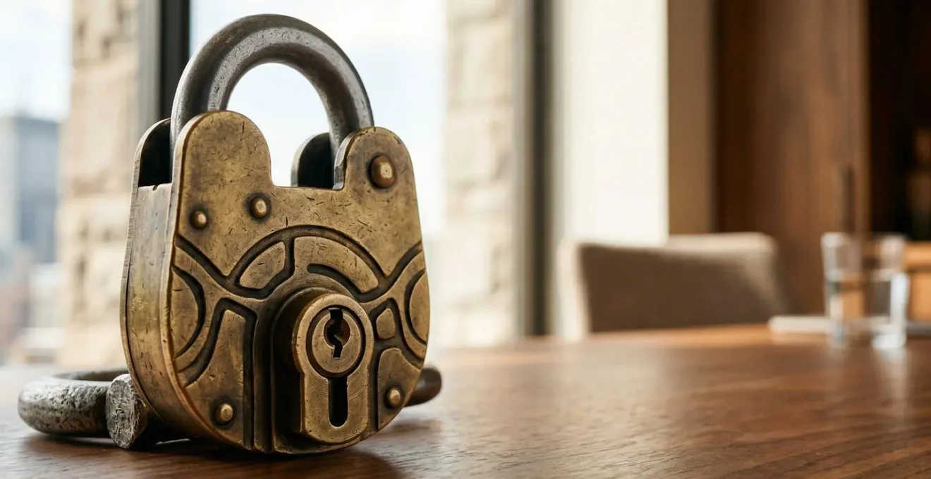 Abstract representation of secure digital data protection with warm lighting and physical security elements