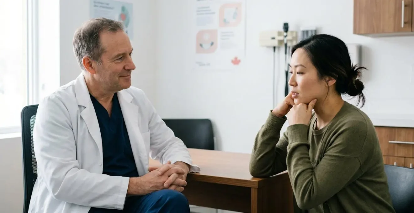 Doctor and patient having a thoughtful conversation in a modern Montreal medical clinic