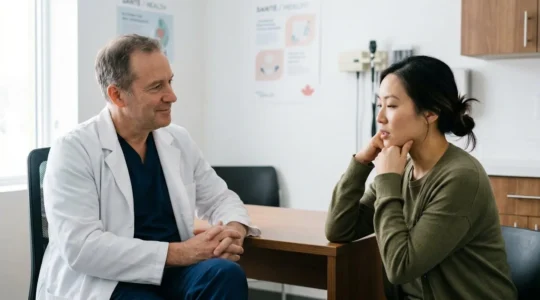 Doctor and patient having a thoughtful conversation in a modern Montreal medical clinic