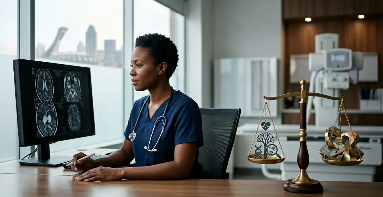 Healthcare professional analyzing diagnostic results with financial charts overlay in Montreal medical setting