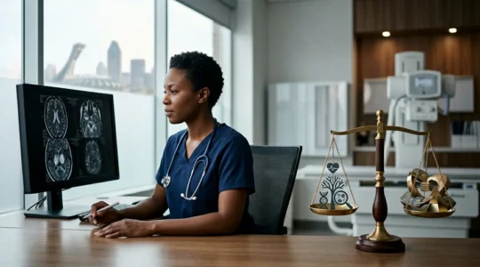 Healthcare professional analyzing diagnostic results with financial charts overlay in Montreal medical setting