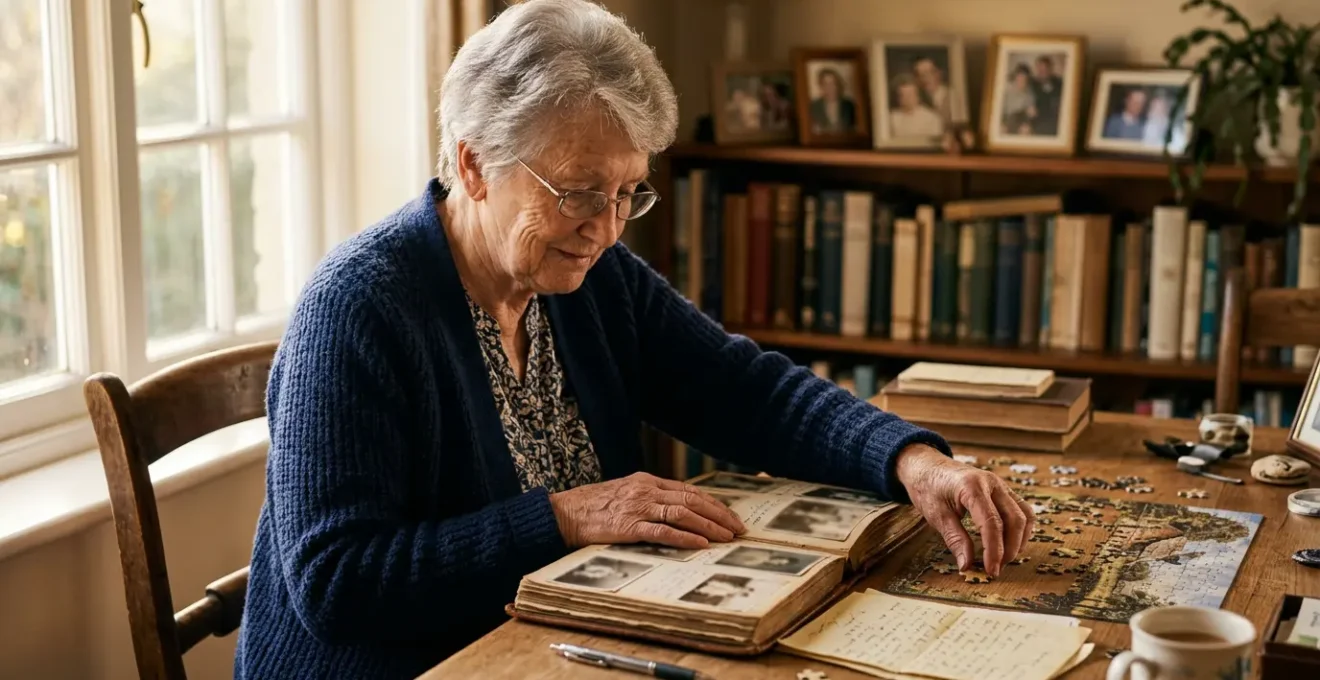 Senior engaging in cognitive-stimulating activities at home for memory preservation