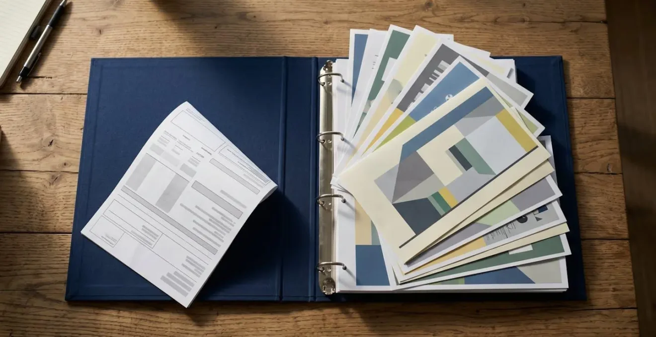 Organized health binder with documents and medication list on table