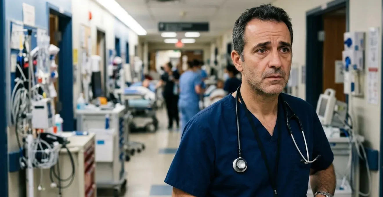 Medical professional contemplating critical decision in Montreal hospital emergency room