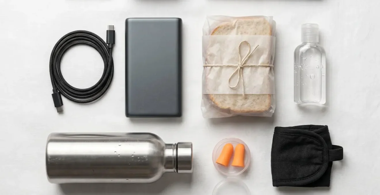 Emergency room survival kit items laid out beside an open backpack