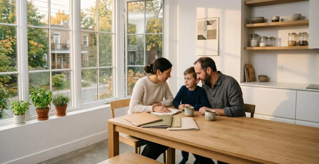 Family gathered around kitchen table reviewing financial documents together