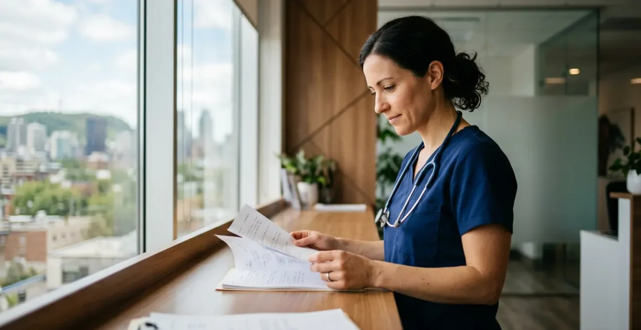 Professional nurse in consultation room with communication equipment and patient care technology