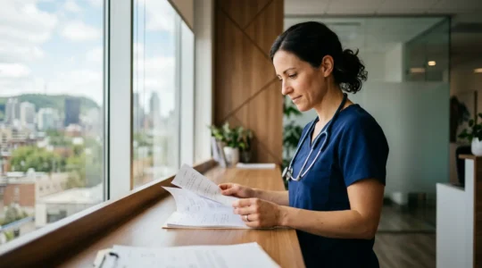 Professional nurse in consultation room with communication equipment and patient care technology
