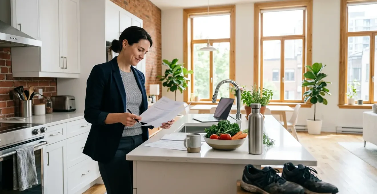 Person reviewing insurance documents while standing at a kitchen counter with healthy food and fitness equipment nearby