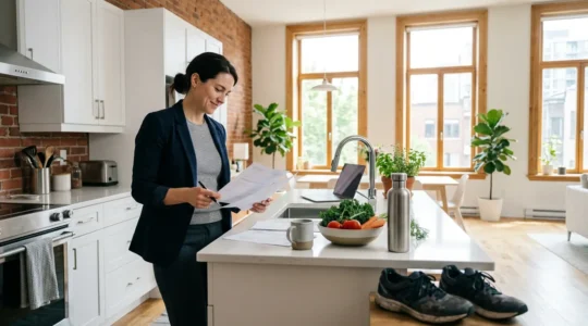 Person reviewing insurance documents while standing at a kitchen counter with healthy food and fitness equipment nearby