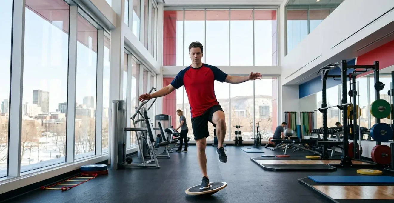 Hockey player performing specialized ACL rehabilitation exercises at Montreal sports clinic