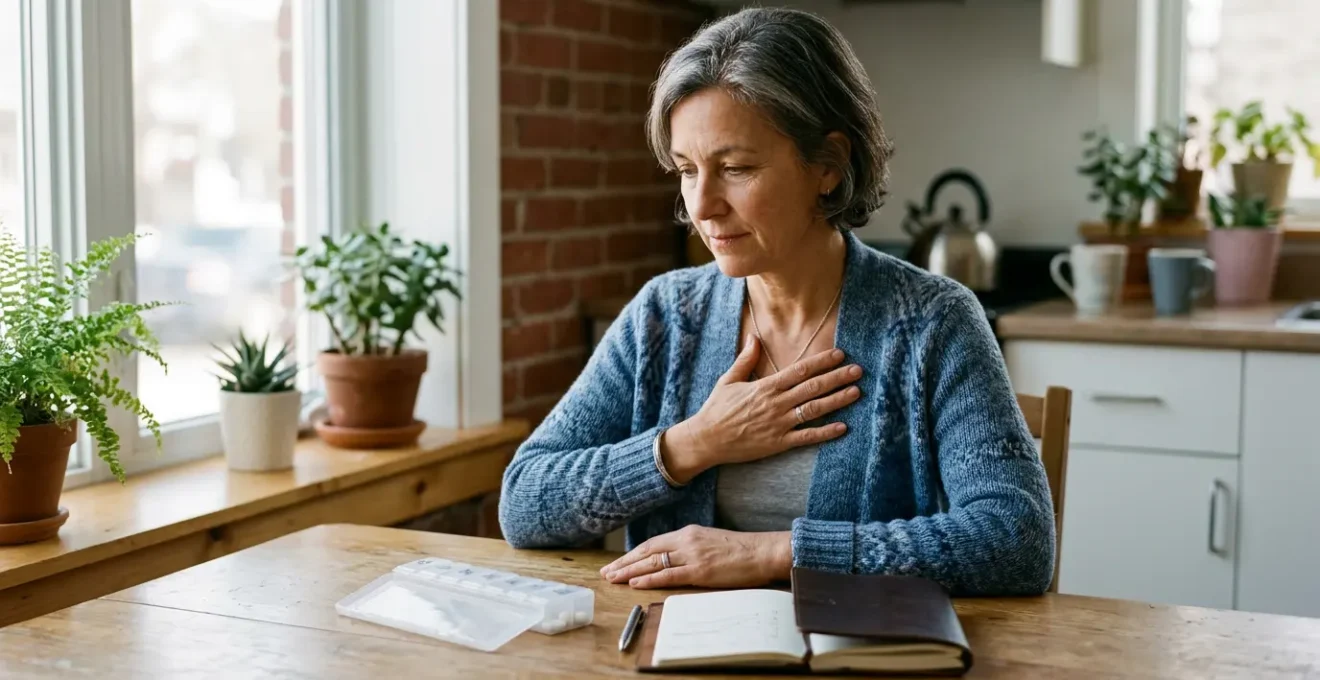 Person checking heart rhythm at home with monitoring device on kitchen table