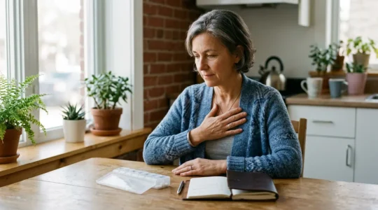 Person checking heart rhythm at home with monitoring device on kitchen table