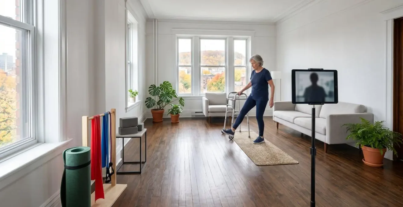 Wide view of senior's home rehabilitation space with a tablet showing a virtual therapist, in a bright Montreal apartment.