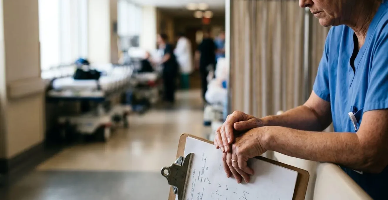 Hospital corridor with medical equipment suggesting overcrowding without showing patients