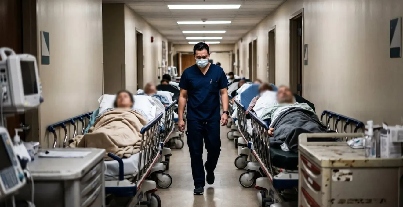 Hospital hallway with multiple stretchers lined against walls