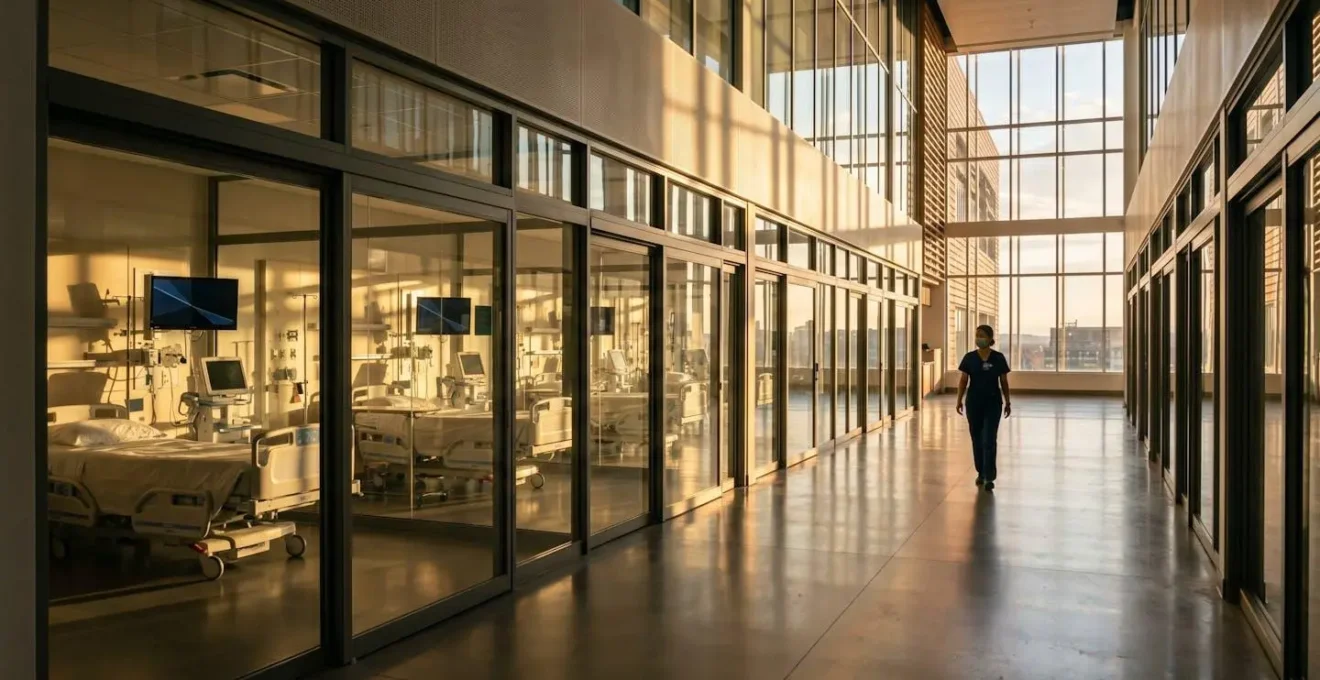 Modern ICU environment with medical equipment and soft lighting