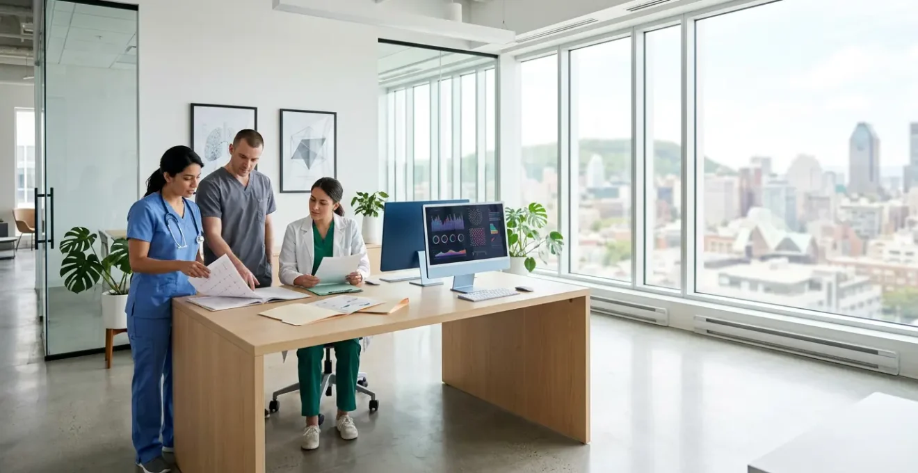 Healthcare professionals collaborating at modern Montreal medical facility with patient records and digital systems