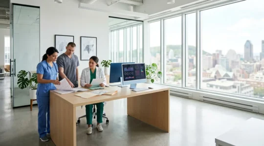 Healthcare professionals collaborating at modern Montreal medical facility with patient records and digital systems