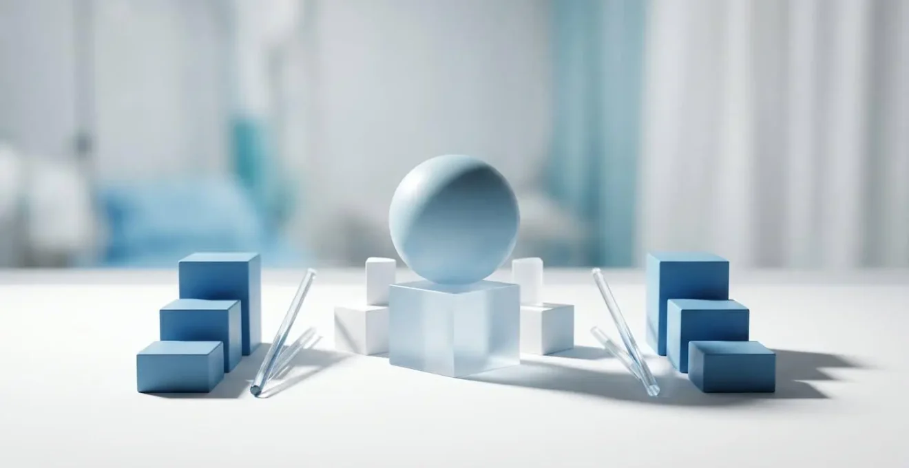 Abstract representation of medical financial planning with minimal geometric forms and neutral healthcare environment