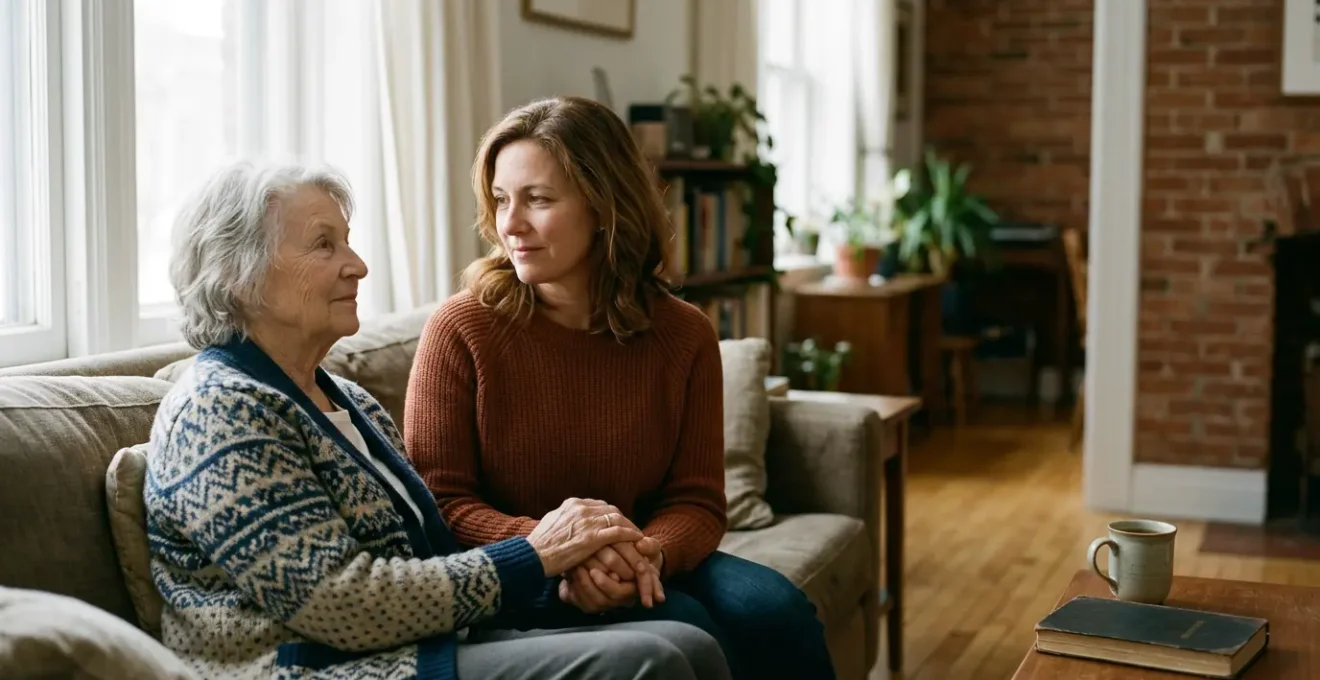 Multigenerational Montreal family sharing a tender moment in a sun-lit living room with caregiver support materials