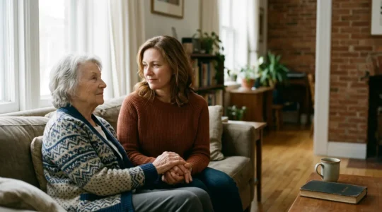 Multigenerational Montreal family sharing a tender moment in a sun-lit living room with caregiver support materials