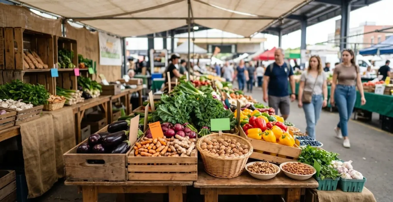 Fresh anti-inflammatory foods displayed at a Montreal farmer's market including colorful vegetables, nuts, and fish