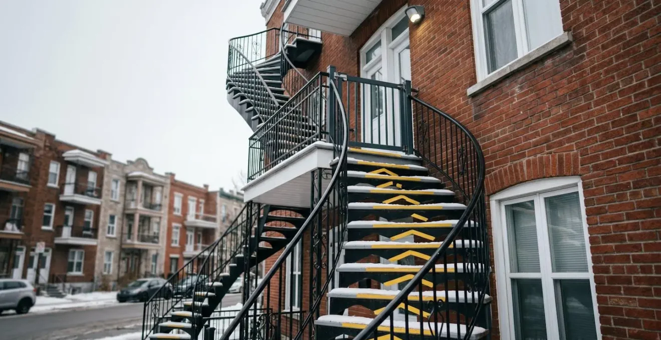 Wide angle view of Montreal triplex exterior staircase with safety modifications for dementia care