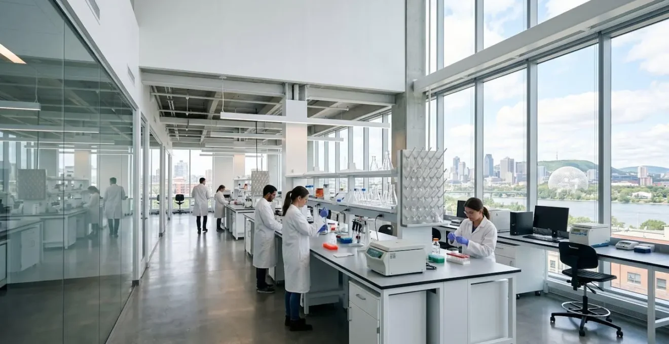 Wide environmental view of modern research laboratory with scientists analyzing samples
