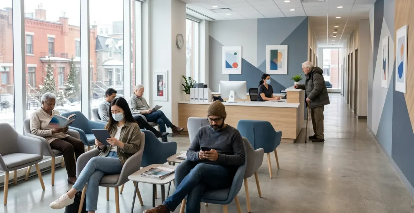 Modern medical waiting room in Montreal with diverse patients using various appointment booking strategies