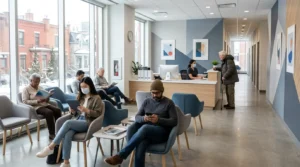 Modern medical waiting room in Montreal with diverse patients using various appointment booking strategies