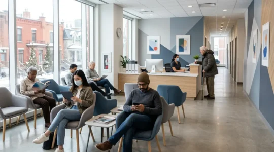 Modern medical waiting room in Montreal with diverse patients using various appointment booking strategies