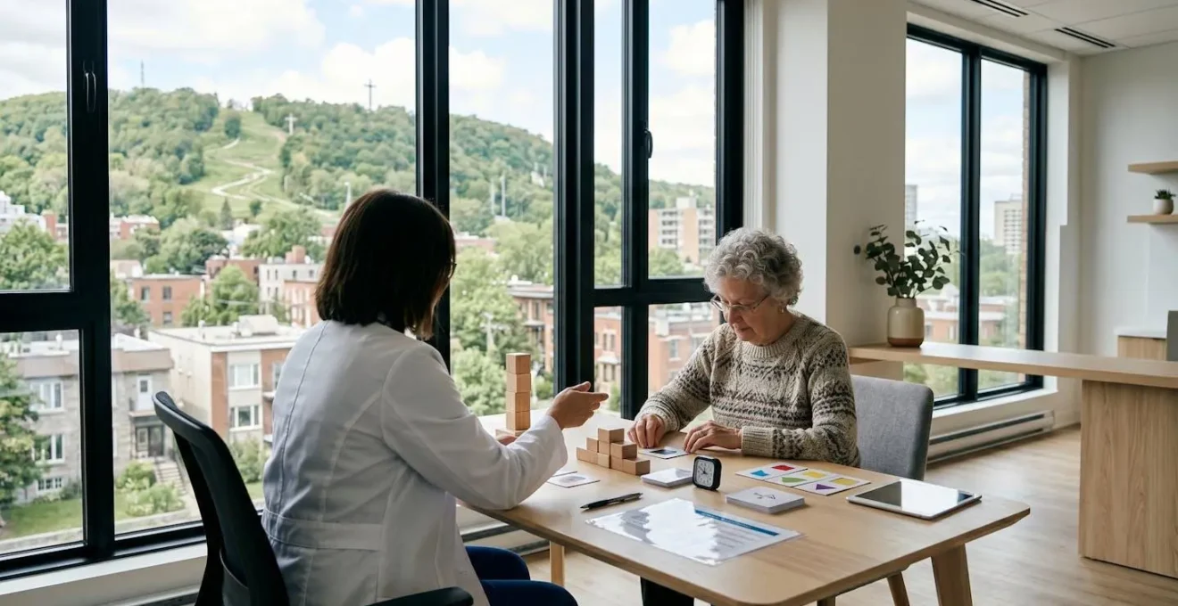 Healthcare professional administering cognitive assessment in Montreal clinical environment
