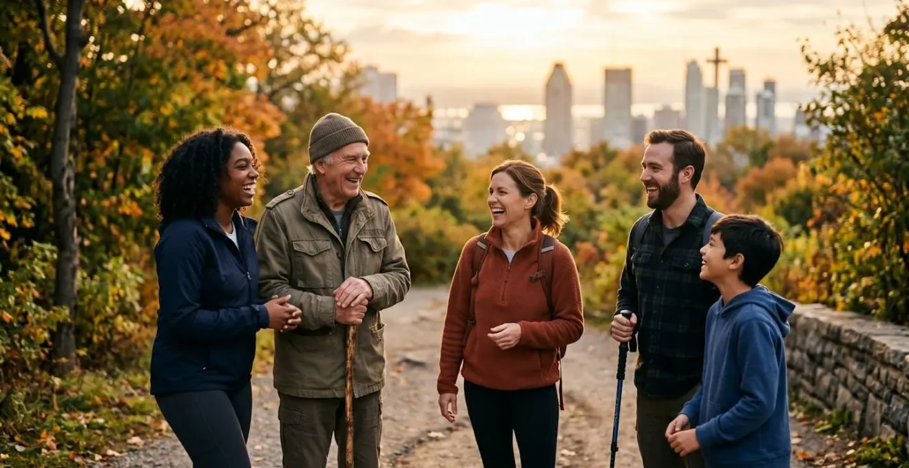 Diverse group of people gathering for outdoor activity on Mount Royal