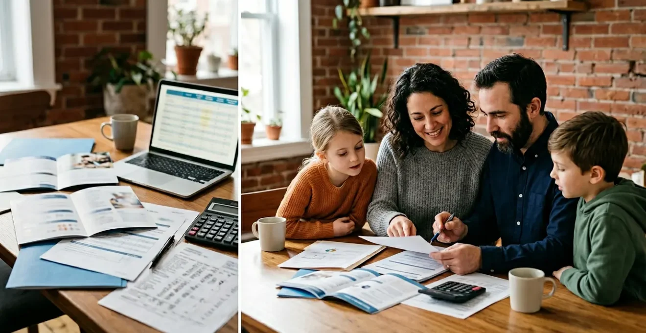 Montreal family discussing private health insurance options at home with documents and laptop on table
