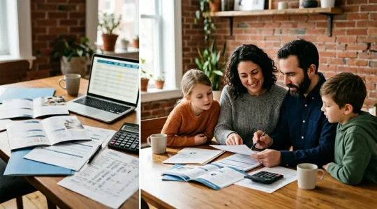 Montreal family discussing private health insurance options at home with documents and laptop on table