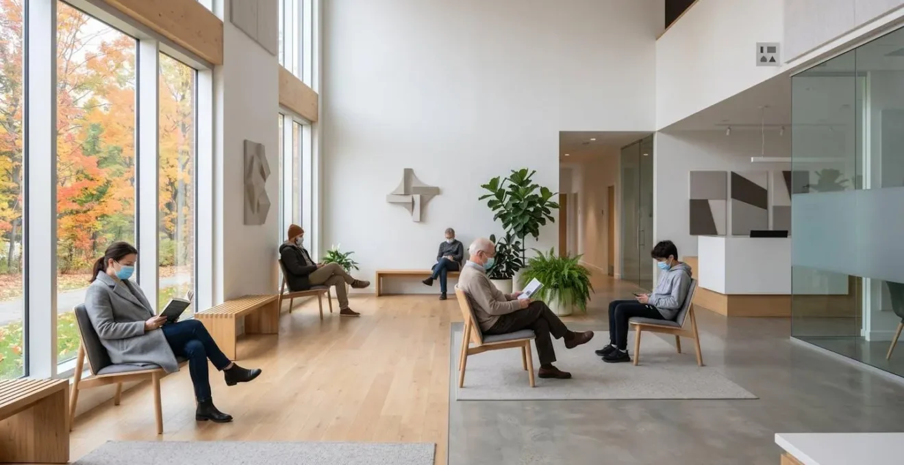 Wide shot of a modern medical clinic lobby with diverse patients maintaining distance in a bright, airy space