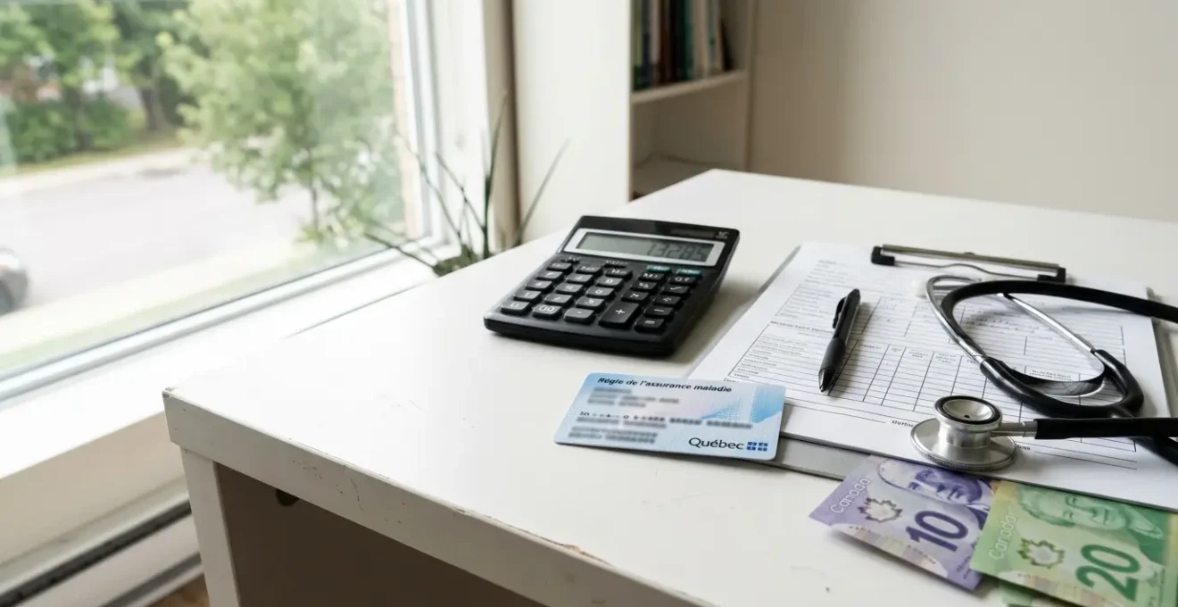 Healthcare professional's desk with RAMQ card and calculator showing medical costs in Montreal clinic
