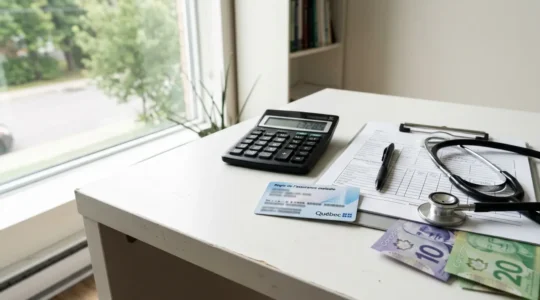 Healthcare professional's desk with RAMQ card and calculator showing medical costs in Montreal clinic