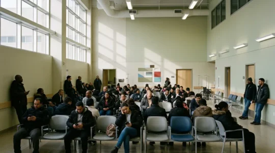 Overcrowded Montreal hospital emergency waiting room with diverse patients