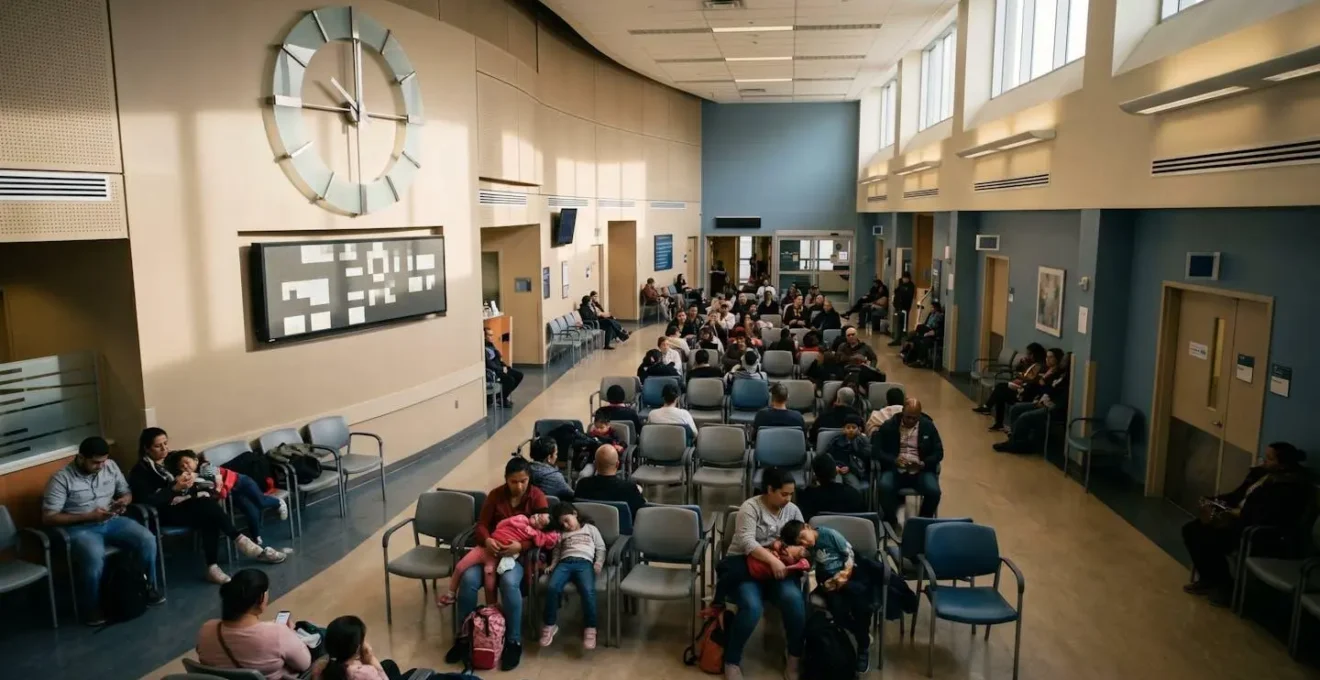 Wide perspective of busy Montreal hospital emergency waiting area showing time passage