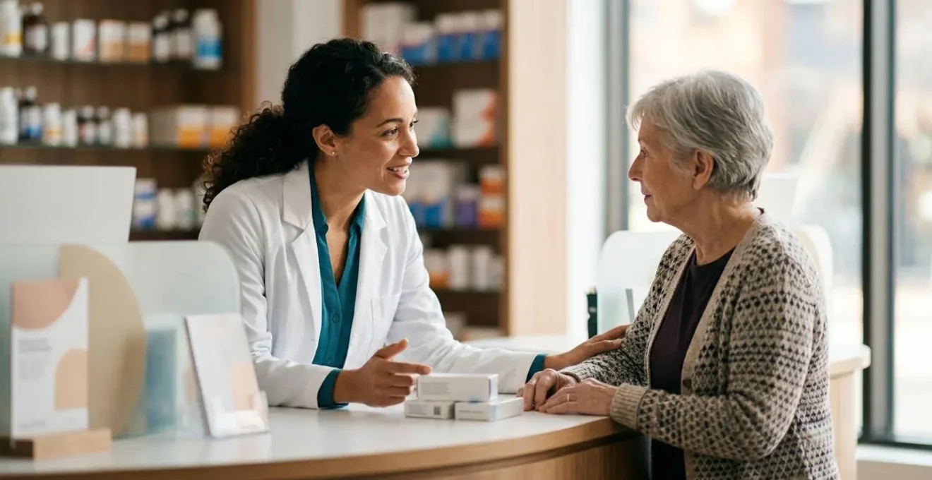 Montreal pharmacist providing healthcare consultation in modern pharmacy setting
