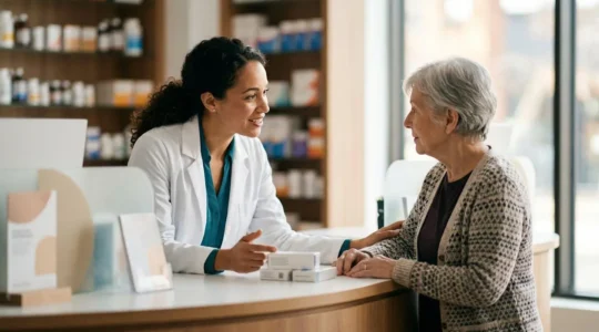 Montreal pharmacist providing healthcare consultation in modern pharmacy setting