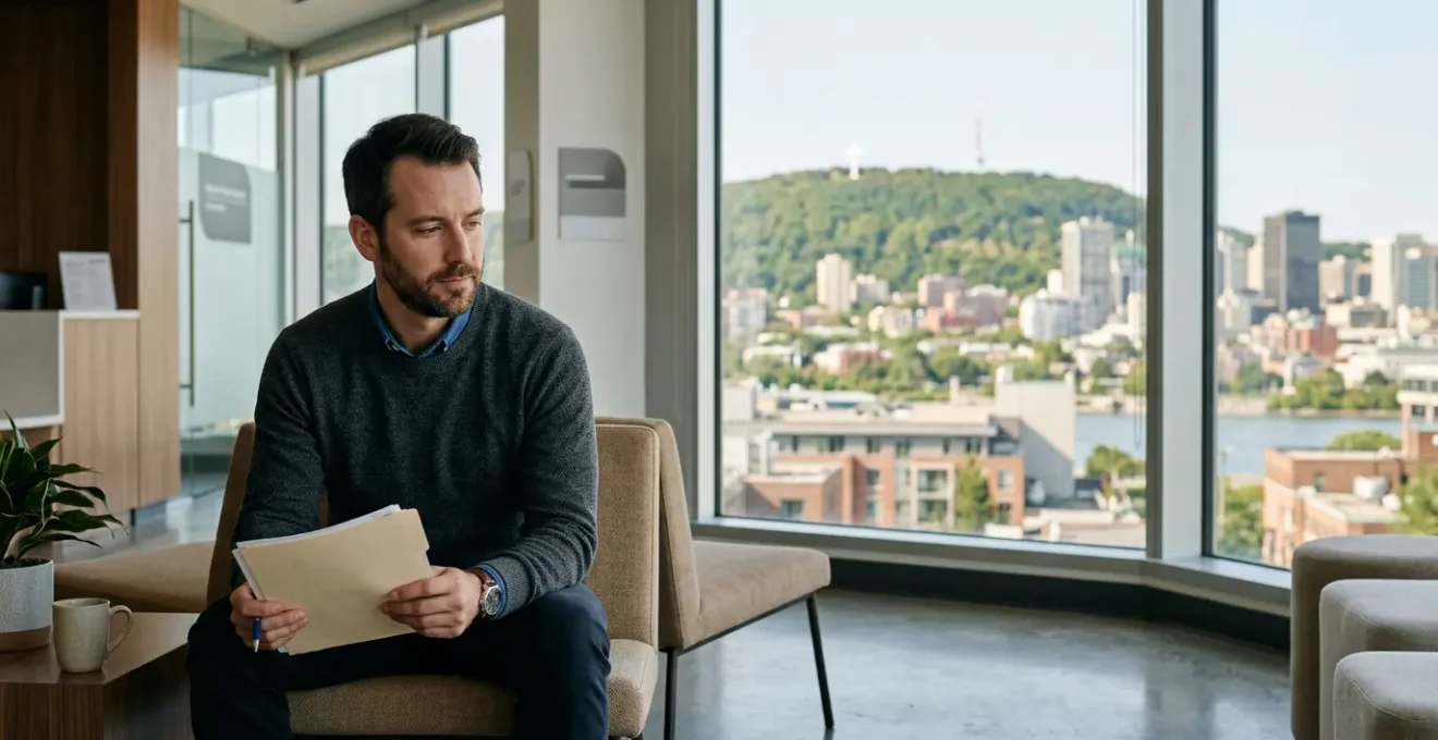 A thoughtful person reviewing medical documents while sitting in a modern waiting room with Montreal cityscape visible through large windows