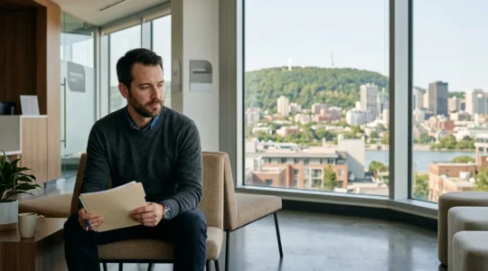 A thoughtful person reviewing medical documents while sitting in a modern waiting room with Montreal cityscape visible through large windows